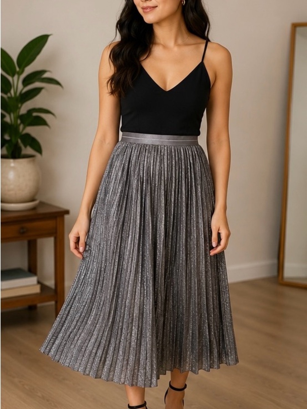 Aerie Metallic Pleated Midi Skirt Women’s XS Silver Grey Shimmer NWT